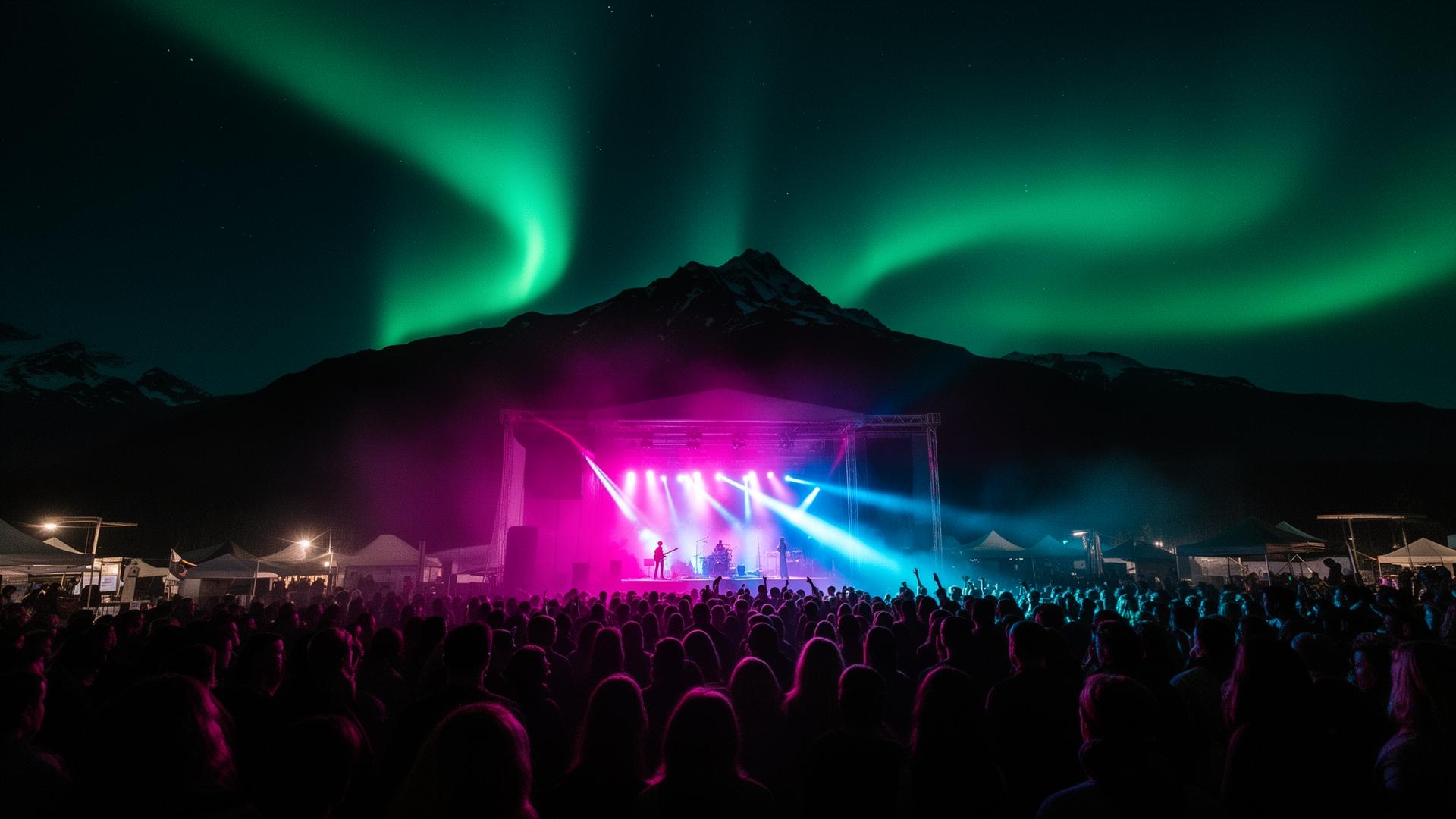 Aurora-lit concert stage in Alaska